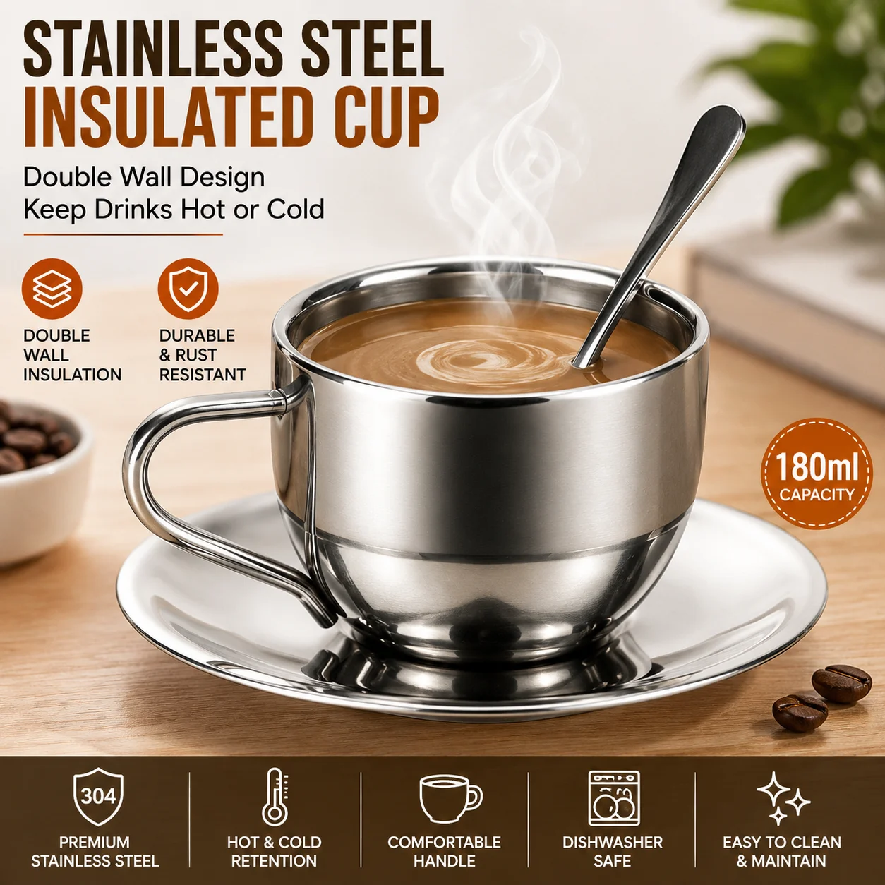 Edelstahl-Kaffeetassen-Set, doppelwandiger hitzebeständiger Becher mit Untertasse und Löffel für Café- und Küchenbedarf