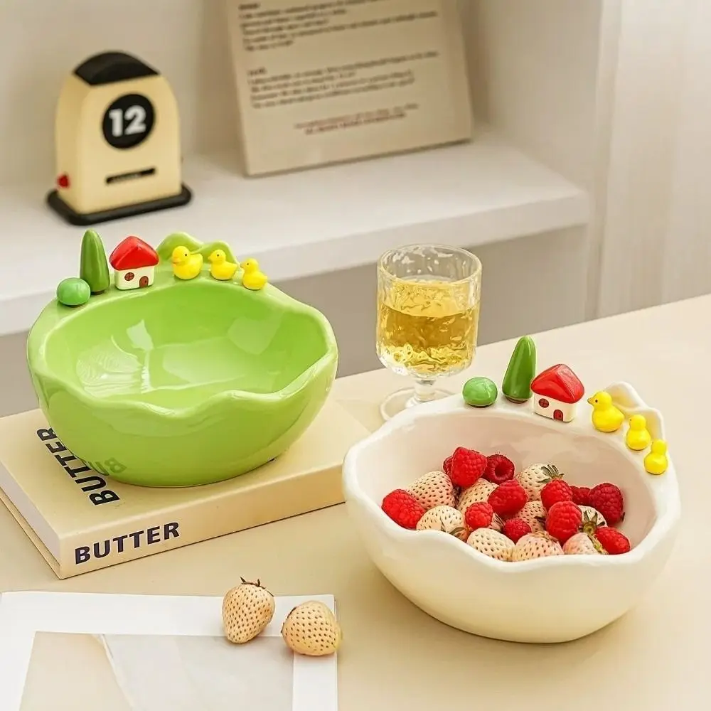 

Cartoon Fruit Bowl with Fork Ceramic Decoration Fruit Storage Tray Large Capacity Stainless Steel Fork Fruit Serving Plate