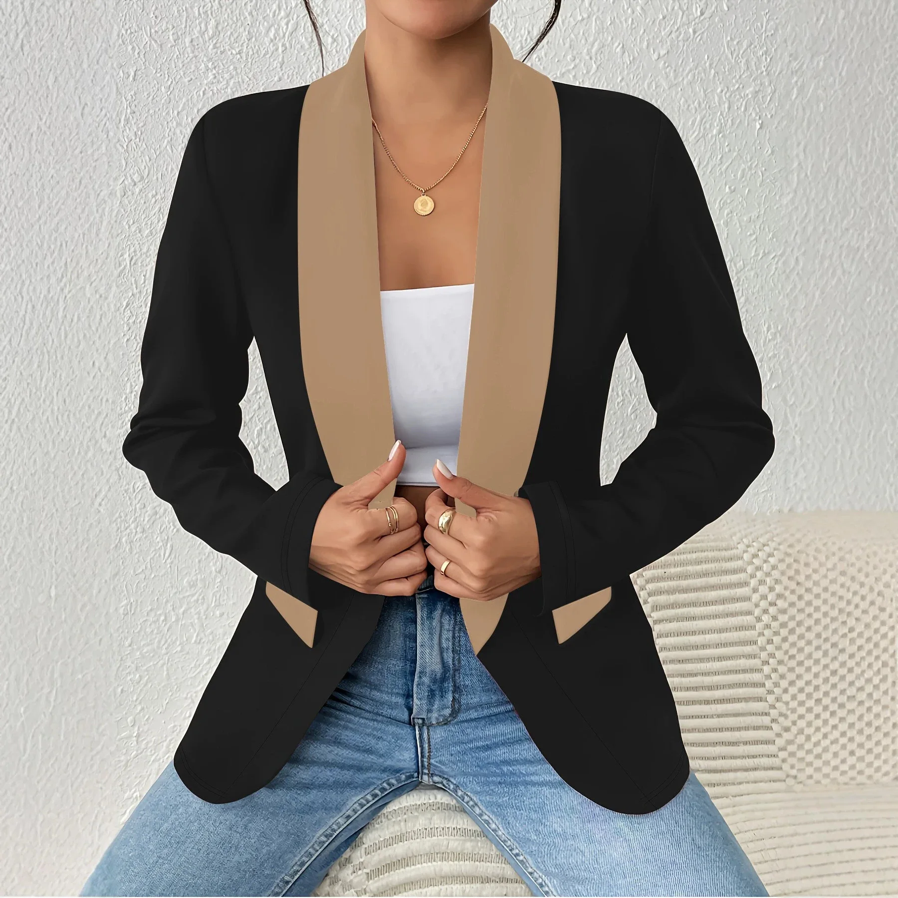 Contrast Lapel Blazer Women Single Breasted Long Sleeve Pocket Camel Cropped Slim Fit Elegant Vintage Office Wear Fashion Blazer