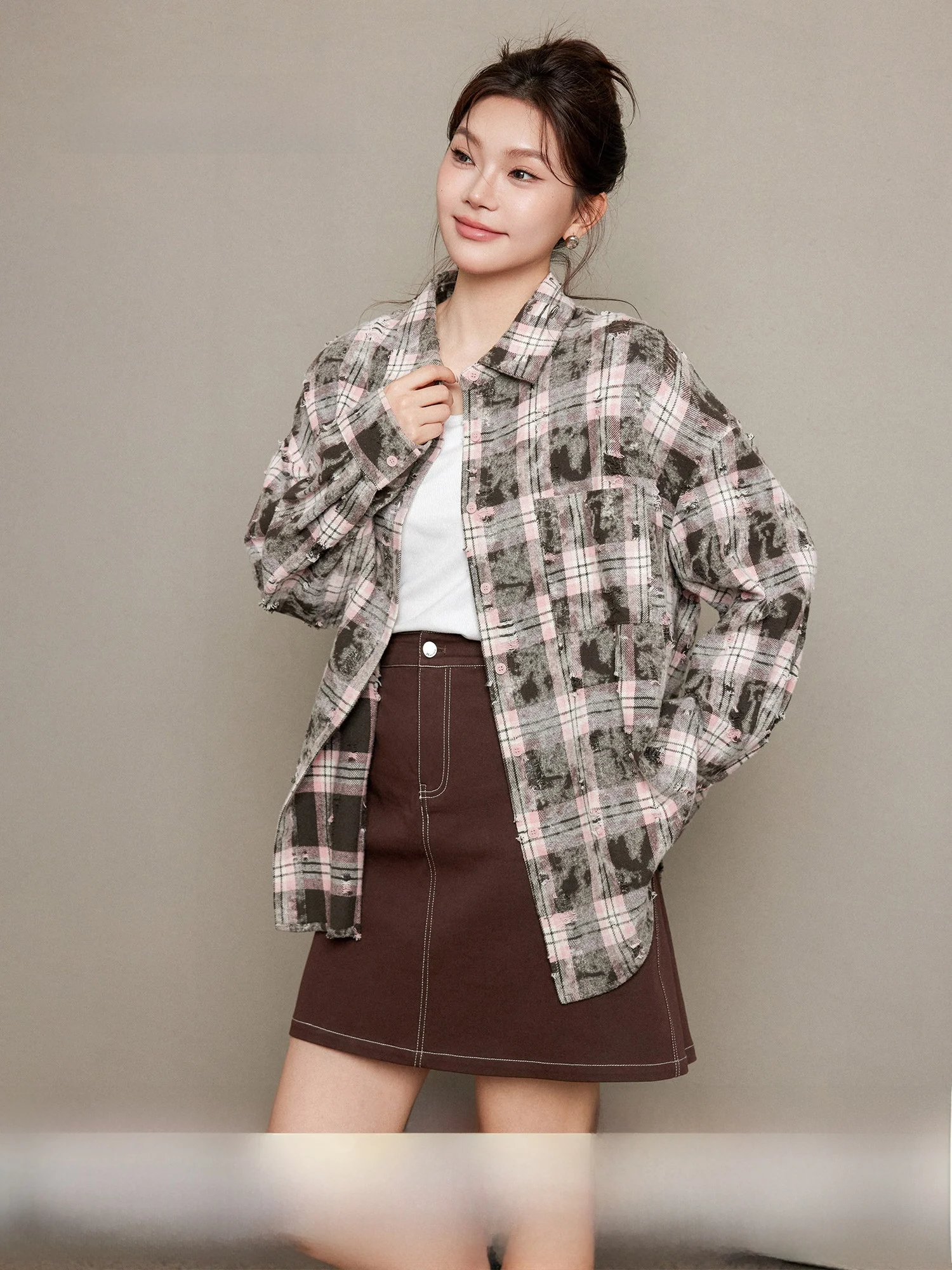 

Loose Casual oulder Drop Long Sve Pink Plaid Cotton Vintage irt Women Spring Plusmall Hong Kong Island Fueng