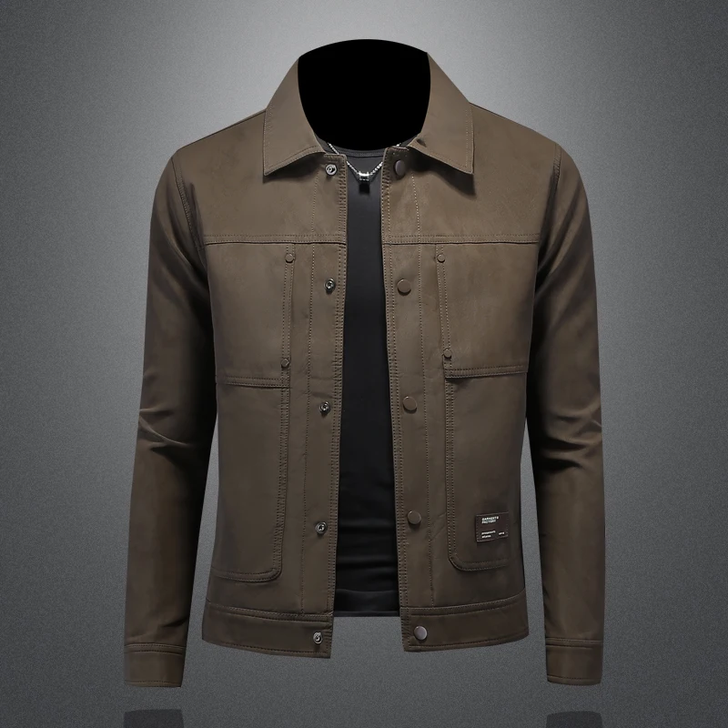 Veste en cuir à revers pour hommes, veste en cuir de moto, veste en cuir slim fit de haute qualité pour hommes, nouvelle collection 2025
