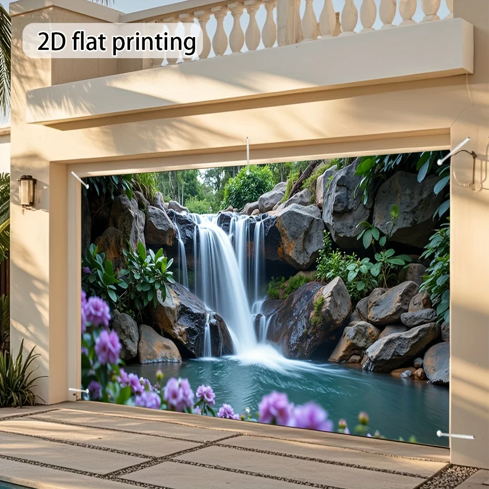 1pc landscape waterfall and flower garage door polyester banner, outdoor decoration, garden party, festival event
