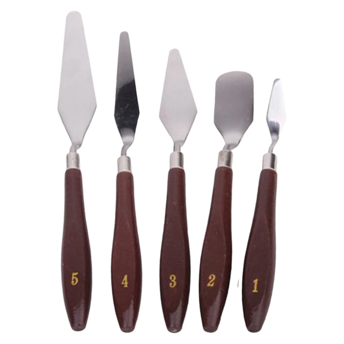 

5pcs Oil Painting Spatula Set Stainless Steel Wooden Handle 11Cm 4-9Cm Reddish Brown Silver Mix Paint Colors Canvas Palette Tool