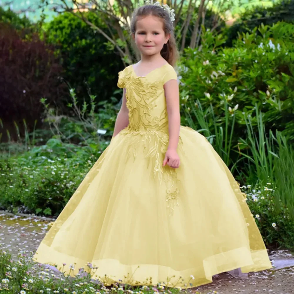 

Princess Flower Girl Dresses for Wedding Lace Appliques Floor Lenght Kids Birthday Party First Communion Gowns Customized