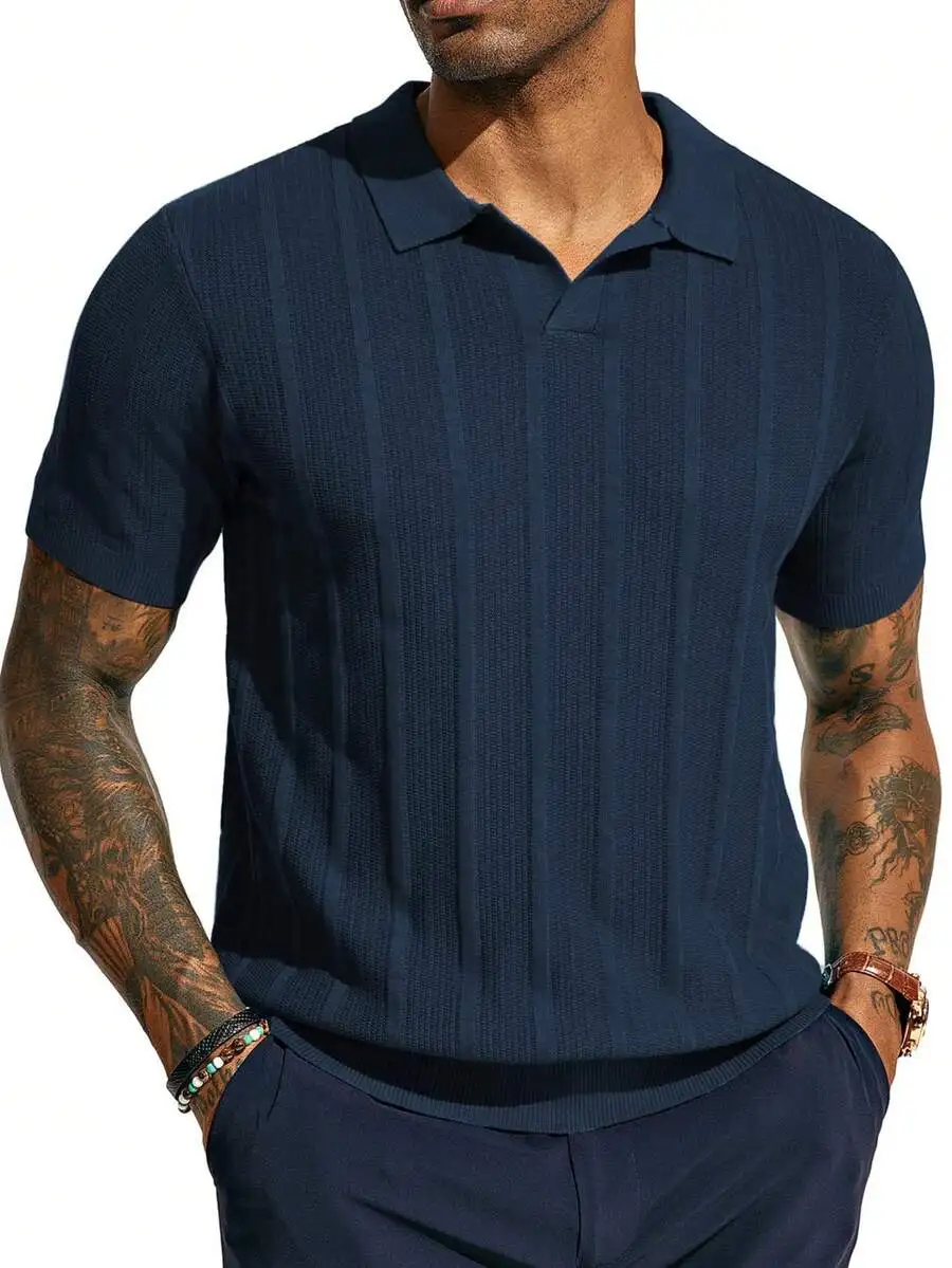 

Men's Navy Blue Short-Sleeve Knitted Polo Shirt with Vertical Ribbed Texture