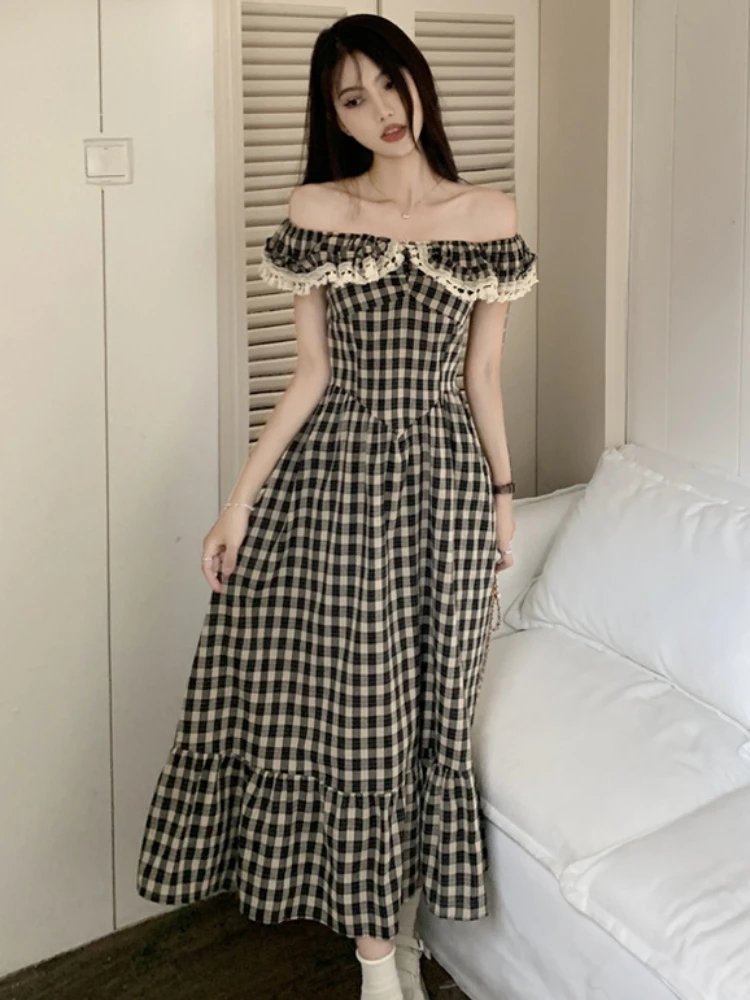 Vintage Midi Dress Black Plaid Peter Pan Collar Bodycone Korean Fashion High Waist Summer Clothes Gentle A-line Temper Vestidos