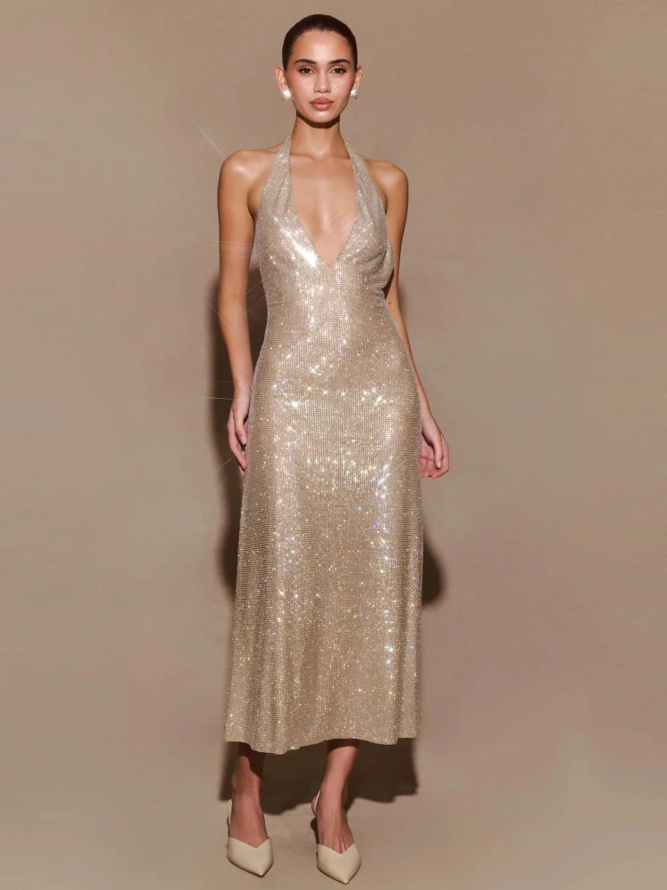 

Women Shimmery Gold Halter Neck Deep V - Neck Midi Dress Sparkly Sequin Fabric Trendy Party Outfit Fashion for Special Occasions