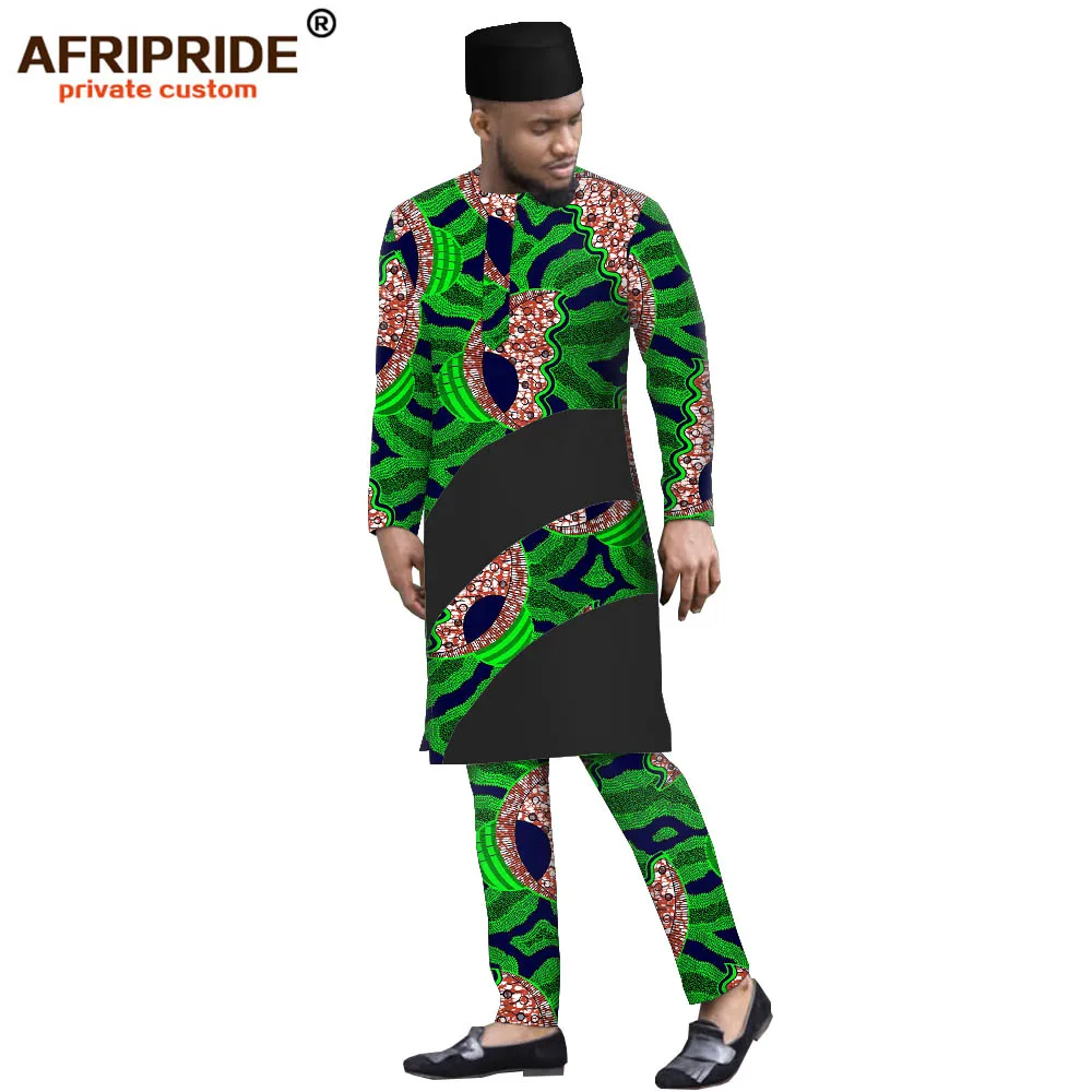 African Clothing for Men Print Long Shirts Ankara Pants Tribal Hat 3 Piece Suit Dashiki Outfits Outwear AFRIPRIDE A1916004B