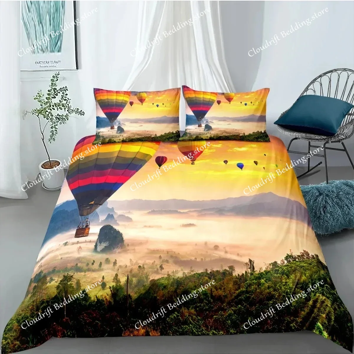 3D Print Hot Air Balloon King Queen Duvet Cover Alpine White Clouds Bedding Set Mountains Forests Fashion Polyester Quilt Cover