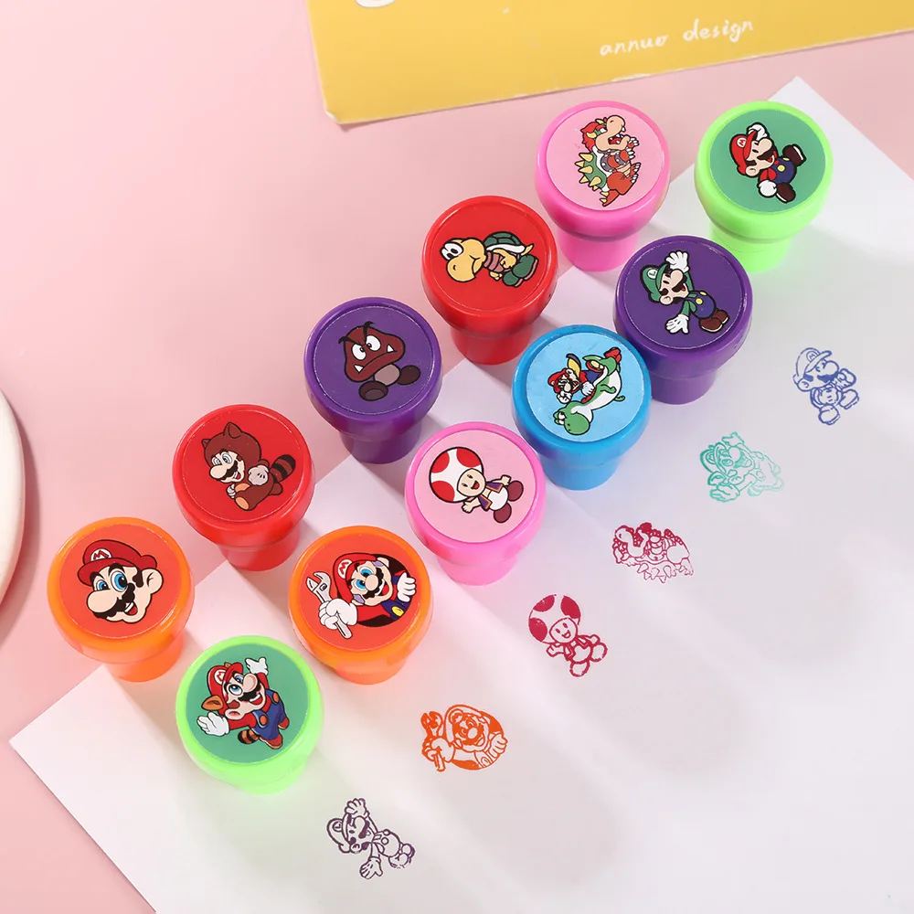 Timbres Super Marios pour enfants, 12 pièces, figurines d'action, chevalière pour enseignant, récompense, accessoire pour enfants, jouets classiques, cadeau