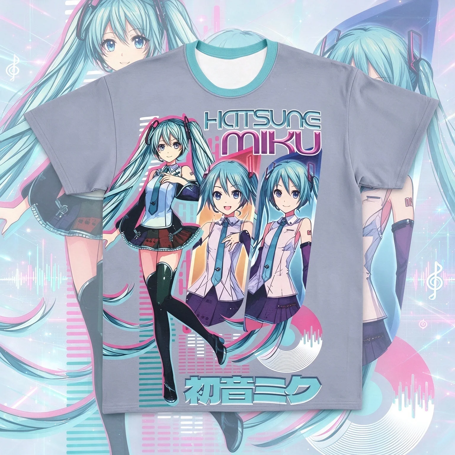 Hatsune Miku Vintage Style Anime T-Shirt Full Print Short Sleeve Casual Crew Neck Streetwear Top for Fans Virtual Singer