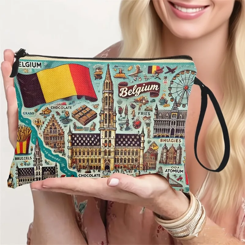 Belgium City-Themed Cosmetic Bag, Travel Zipper Storage Pouch, Gift Bag Souvenir with Wrist Strap, Inspired by Belgian Culture f