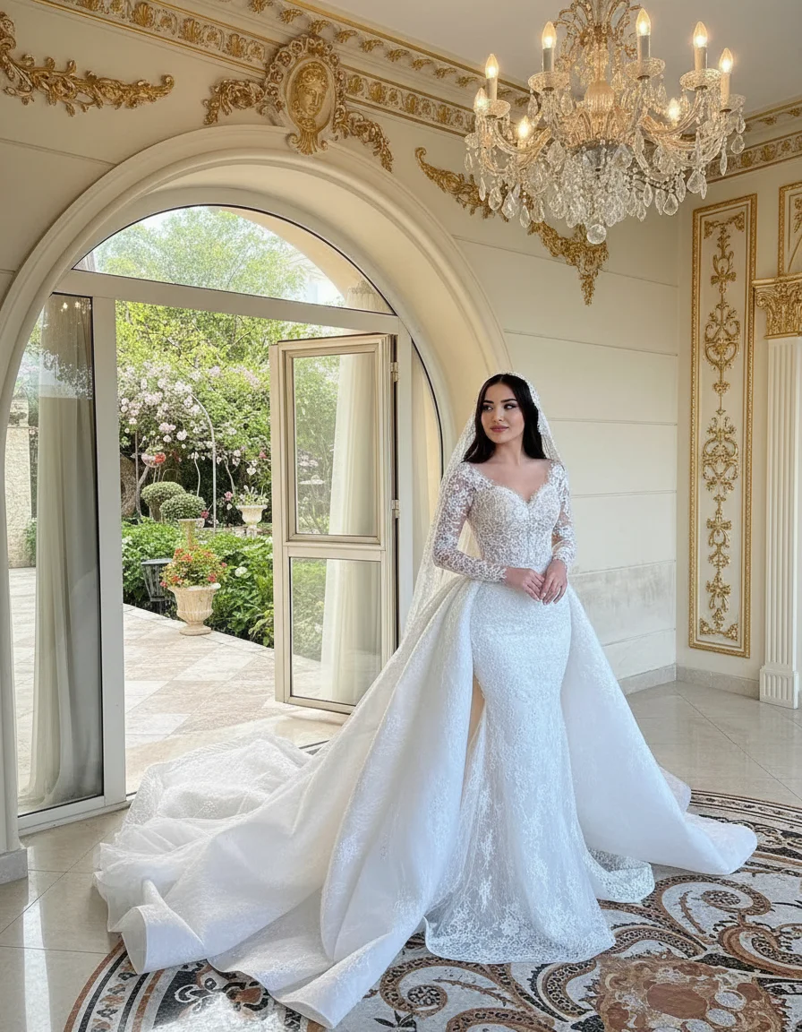 

Luxury Mermaid Wedding Dress Customized Women's Lace Long Sleeves Detachable Trailing Bridal Gown Customized Vestido De Novia