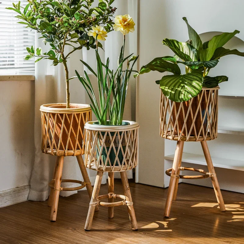 Nordic Rattan Woven Flower Rack - Bamboo Woven Plant Stand, Living Room Balcony Corner Plant Stand, Flower Shelf