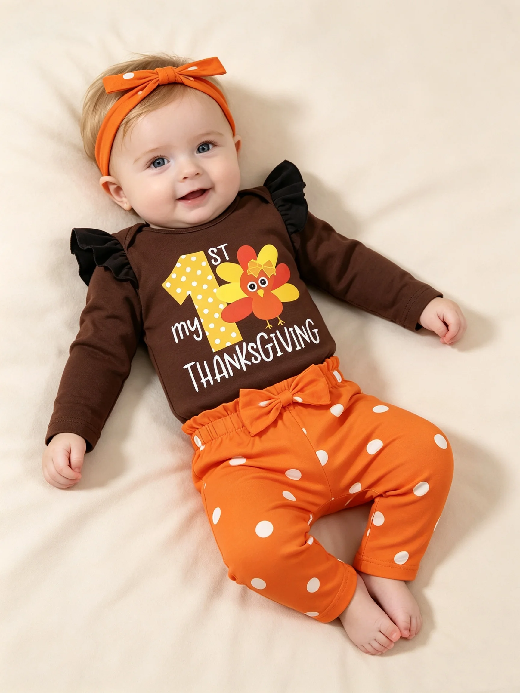 Baby-Thanksgiving-Dreiteiler-Set: Dunkelbraun-schwarzer Langarm-Body mit orangefarbener gepunkteter Schleifenhose und passendem gepunktetem Hut. – Detail 1