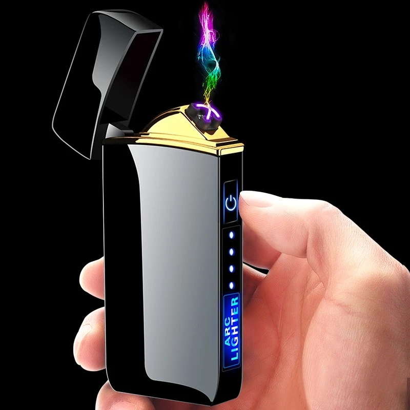 HOT Sell Metal Smart Windproof Electric Lighter Flameless Plasma Lighter Double Arc Usb Rechargeable Led Power Display Touch