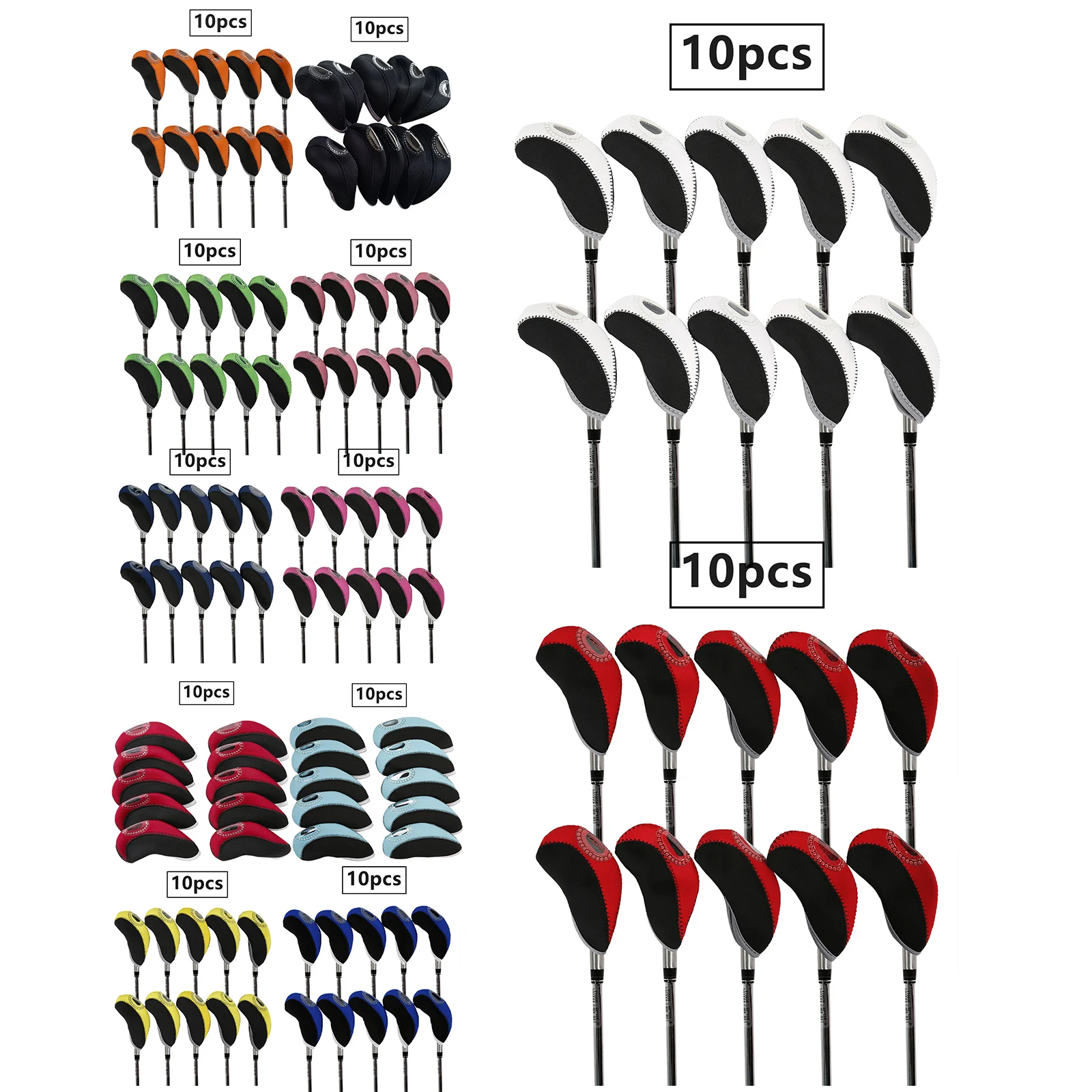 10Pcs Golf Iron Club Head Covers Golfing Supplies Contrast Color Headcovers with Transparent Window