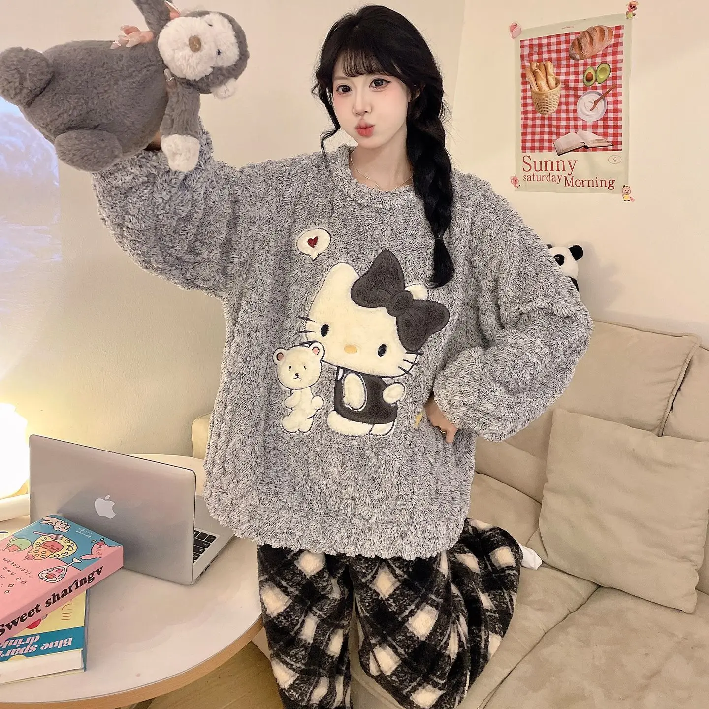 Winter Warm Plush Cute Pajamas for Women Bow Cartoon Cat Top Plaid Trousers Thick Coral Sleepwear Cozy Daily Homewear Outfit
