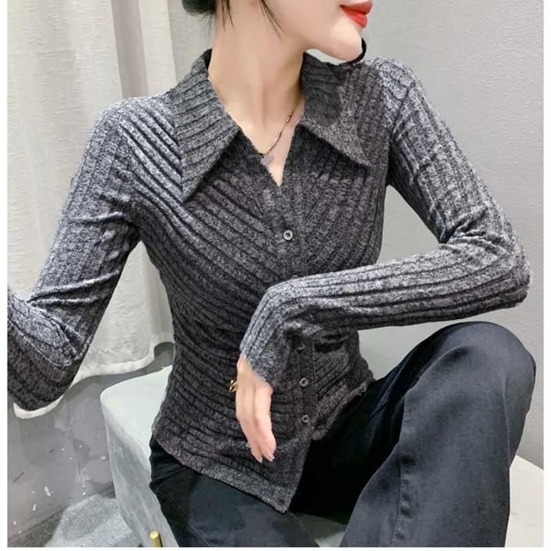 Fashion Lapel Button Korean Solid Color Folds Shirts Women\'s Clothing 2023 Autumn Winter Slim All-match Tops Commuter Blouses