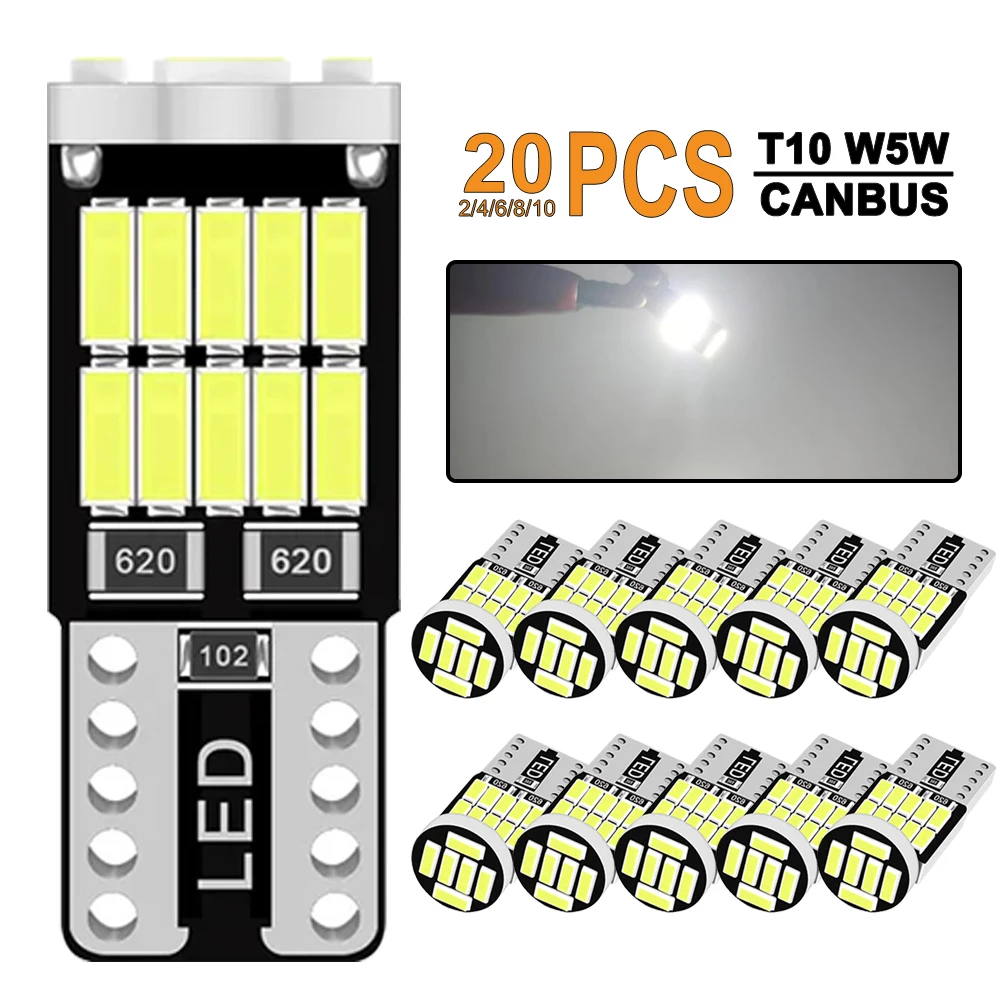 2/4/10/20 PCS T10 W5W LED Bulbs Canbus 12V 4014-26SMD 6500K White Car Interior Dome Reading Door Map Trunk License Plate Lights