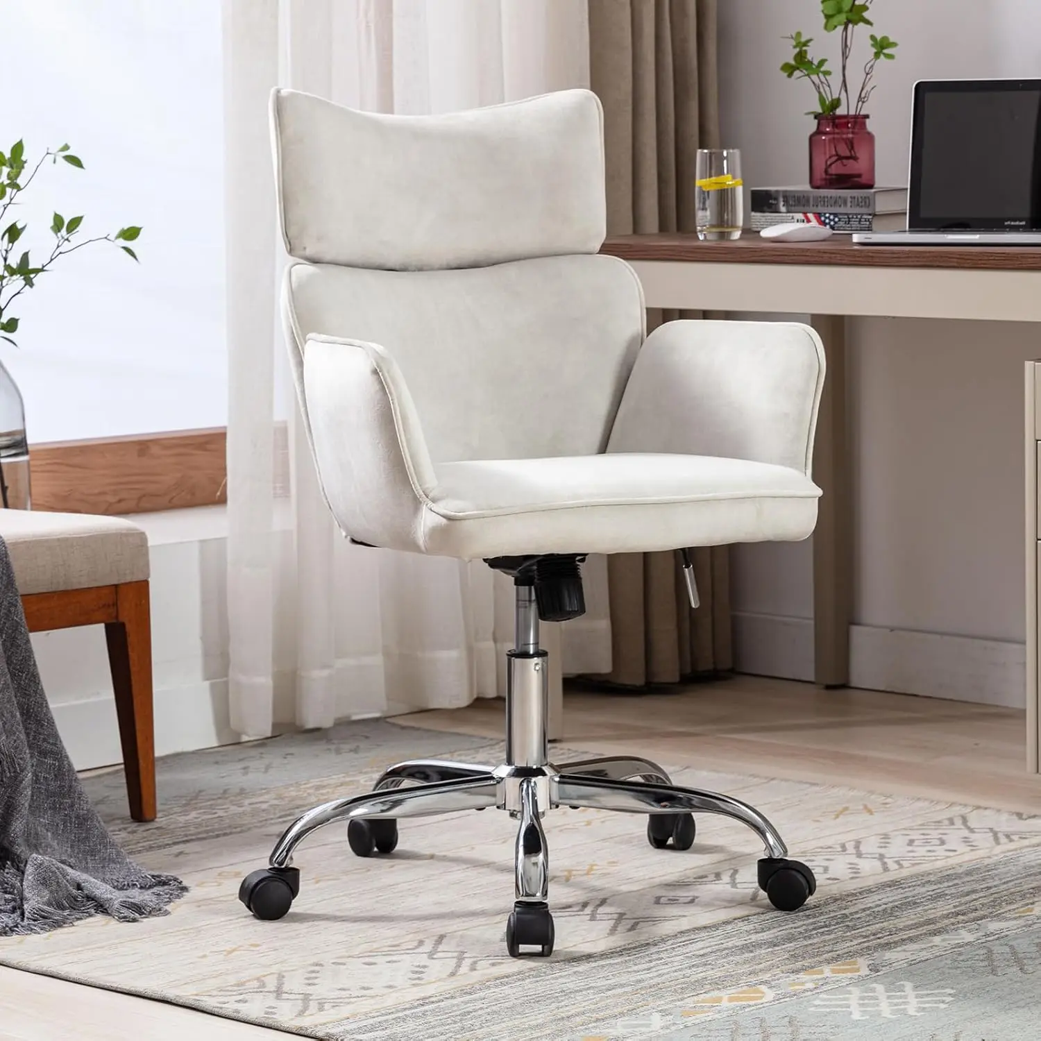 Comfortable Beige White Velvet Office Chair with Arms & Wheels, 360° Swivel, Adjustable Height-Ergonomic Criss cross Desk Chair