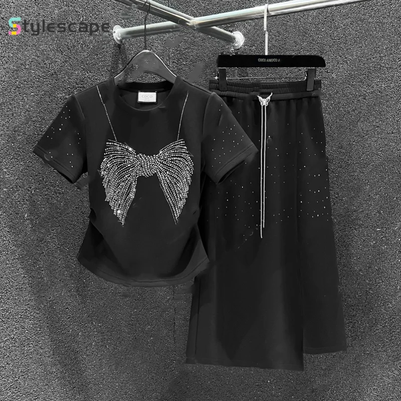 Hot Diamond Short sleeved T-shirt Long Skirt Two piece Set for Women's 2024 Summer New Fashionable and Popular Women's Set