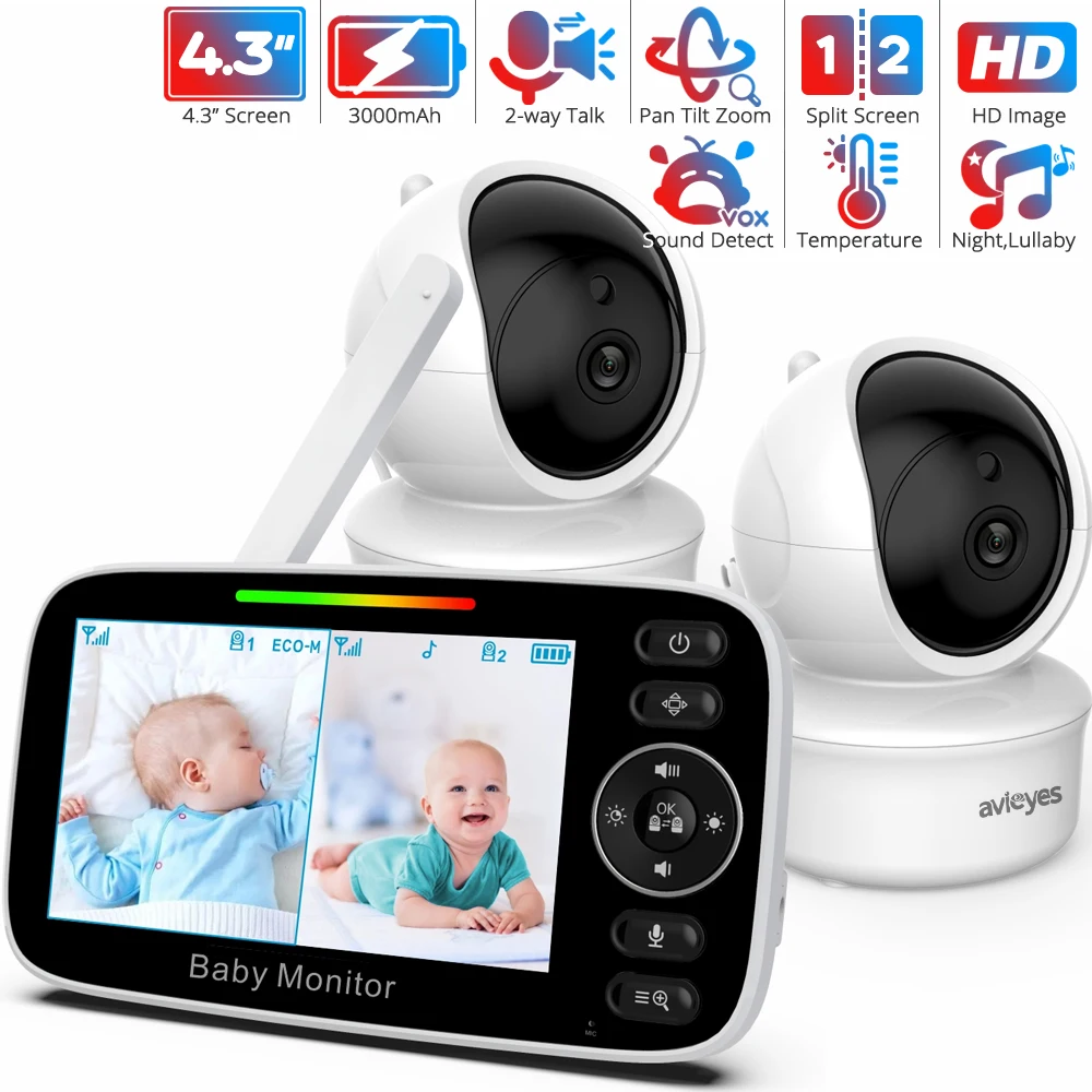 

4.3 Inch Video Baby Monitor with 2 Cameras Pan Tilt Zoom Babyphones 2-way Talk Night Vision Monitor Nanny Temperature Babysitter