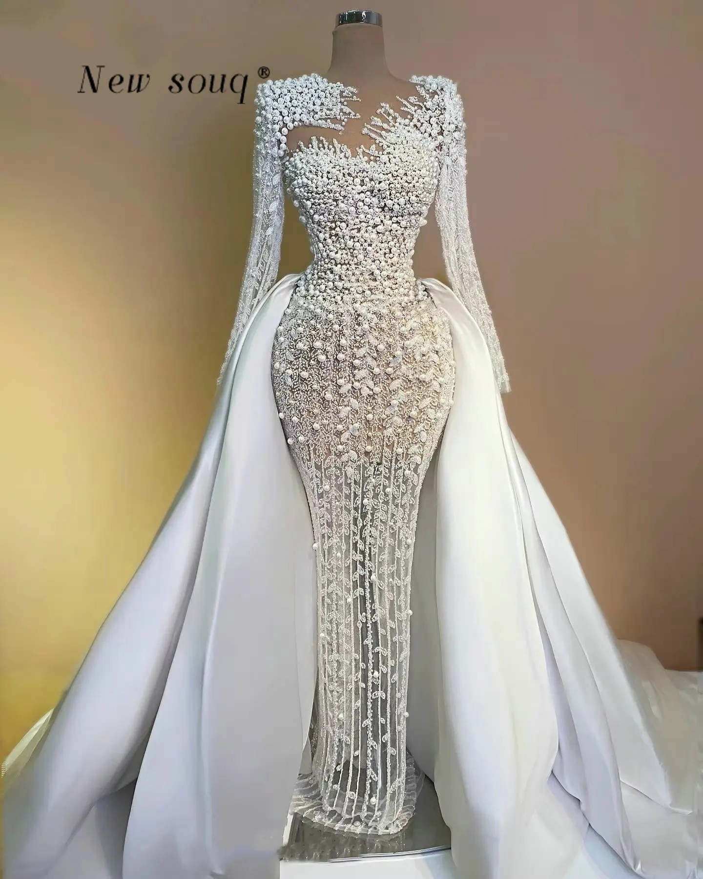 

Вечерние платья-русалки с длинными рукавами и бисером в стиле Дубайские жемчужины, со съемным шлейфом, индивидуальный пошив, 2 в 1, для свадьбы, помолвки и вечеринок