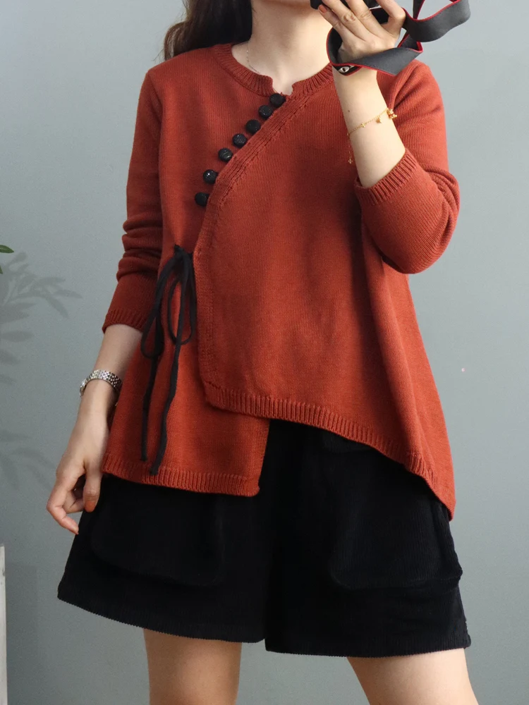 

Осенний новый вязаный кардиган в стиле ретро с асимметричным дизайном, свободного кроя, с цветными вставками и пуговицами, на шнуровке, для женщин