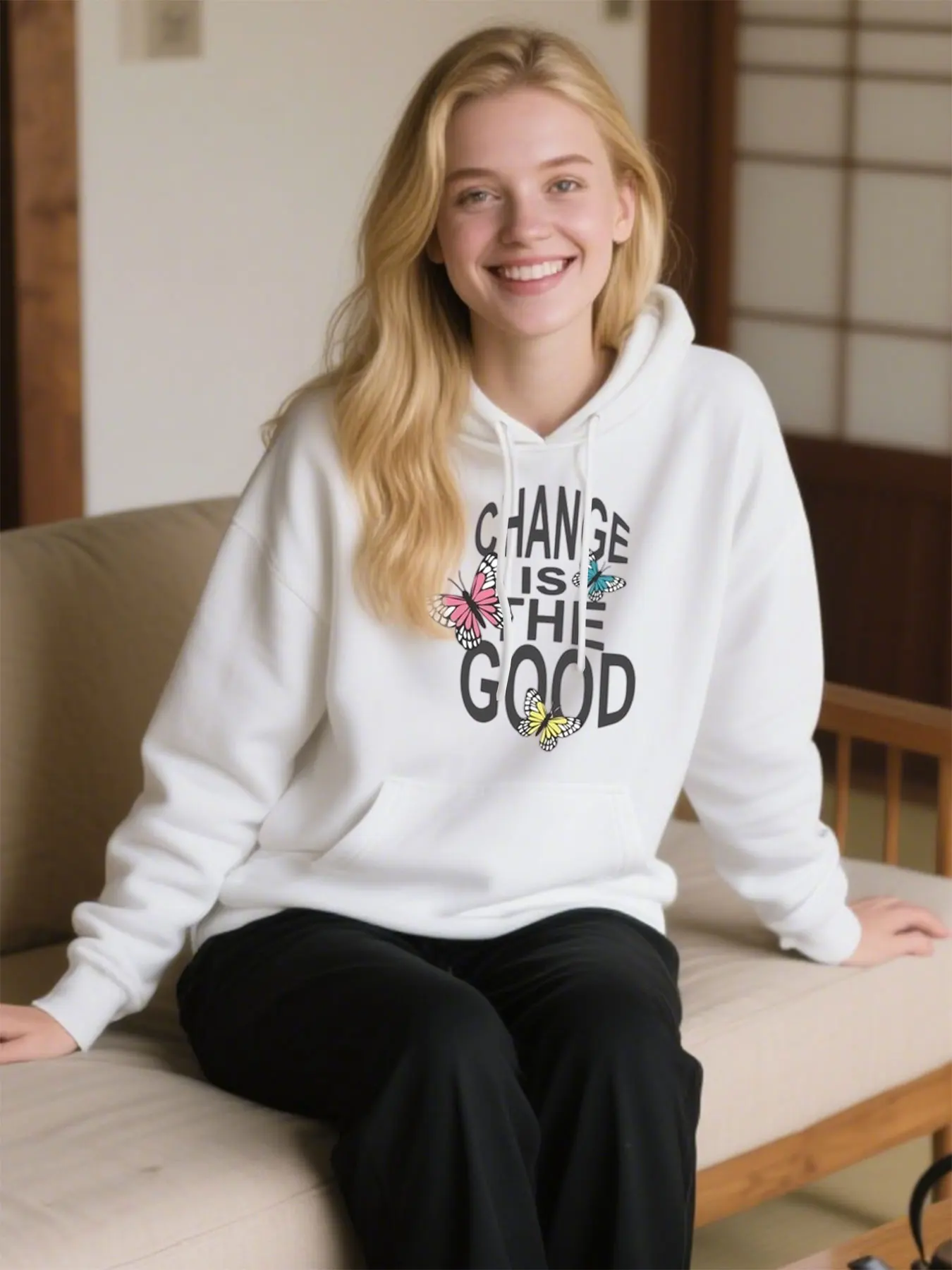 

Comfy Cotton Hoodie With "Change Is The Good" & Butterfly Print, Perfect For Christmas Gifts & Casual Wear