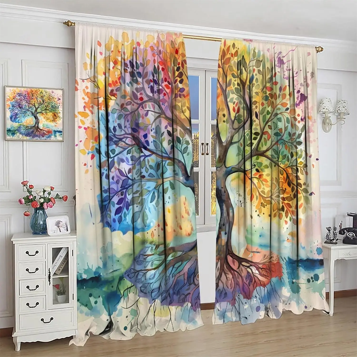 Tree Curtains Watercolor Tree of Life Cafe Curtains Four Seasons Boho Plant Curtains for Bathroom Laundry Room Window Treatment