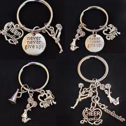 Cheerleading Keychain, Cheerleader Keyring with Sporty Charms, Never Give Up Motivational Pendant, Friendship Gift Accessory