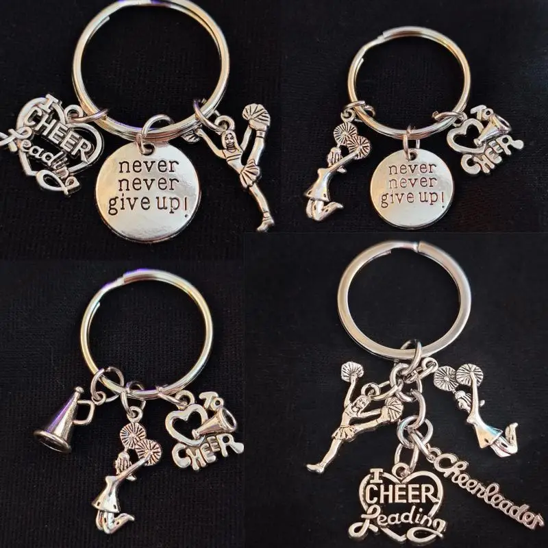 Cheerleading Keychain,  Cheerleader Keyring with Sporty Charms, Never Give Up Motivational Pendant, Friendship Gift Accessory