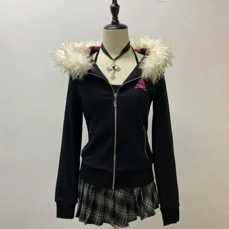 

2025 Trend Style Slim Fit Fur Collar Vintage Hoodie New Winter Cotton Solid Simplicity Sweatshirts Oversized Gothic Y2K Hoodies
