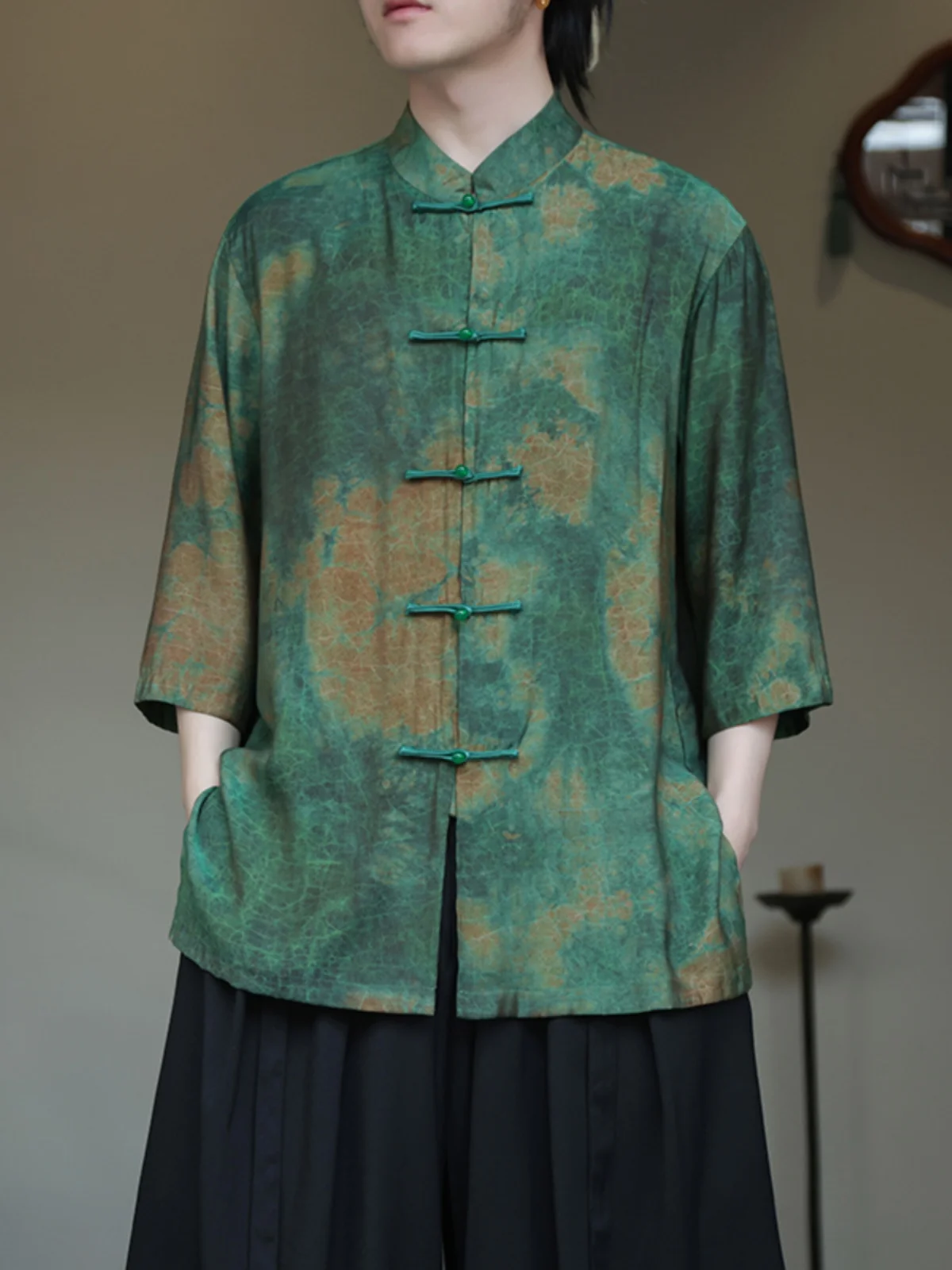 

Ice Silk Button up Short Sleeve Shirt Men's Summer New Chinese Style Loose Fit Printed Casual Shirt Thin Hanfu Tang Costume