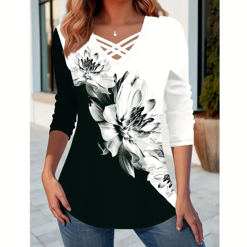 Women's Autumn and Winter Long Sleeve Cross Collar Printed T-shirt  Plus Size Women Clothing