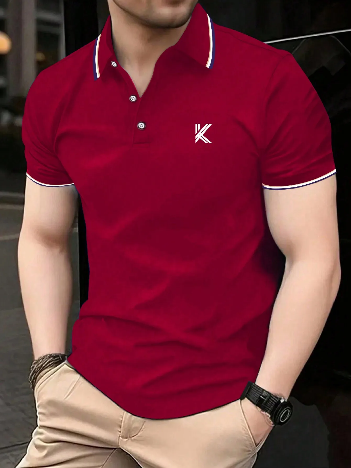 

Men's Red Short Sleeve Polo Shirt with Striped Collar and Chest Logo