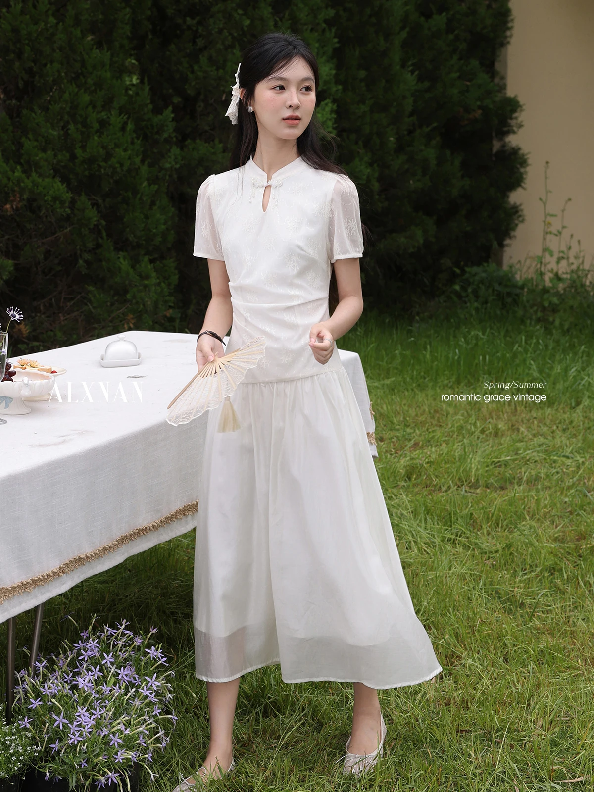 

ALXNAN White Long Dress Women's Elegant Chinese Style Holiday Dresses 2025 A-line Party Short Sleeve Ladies Clothing DYL661784