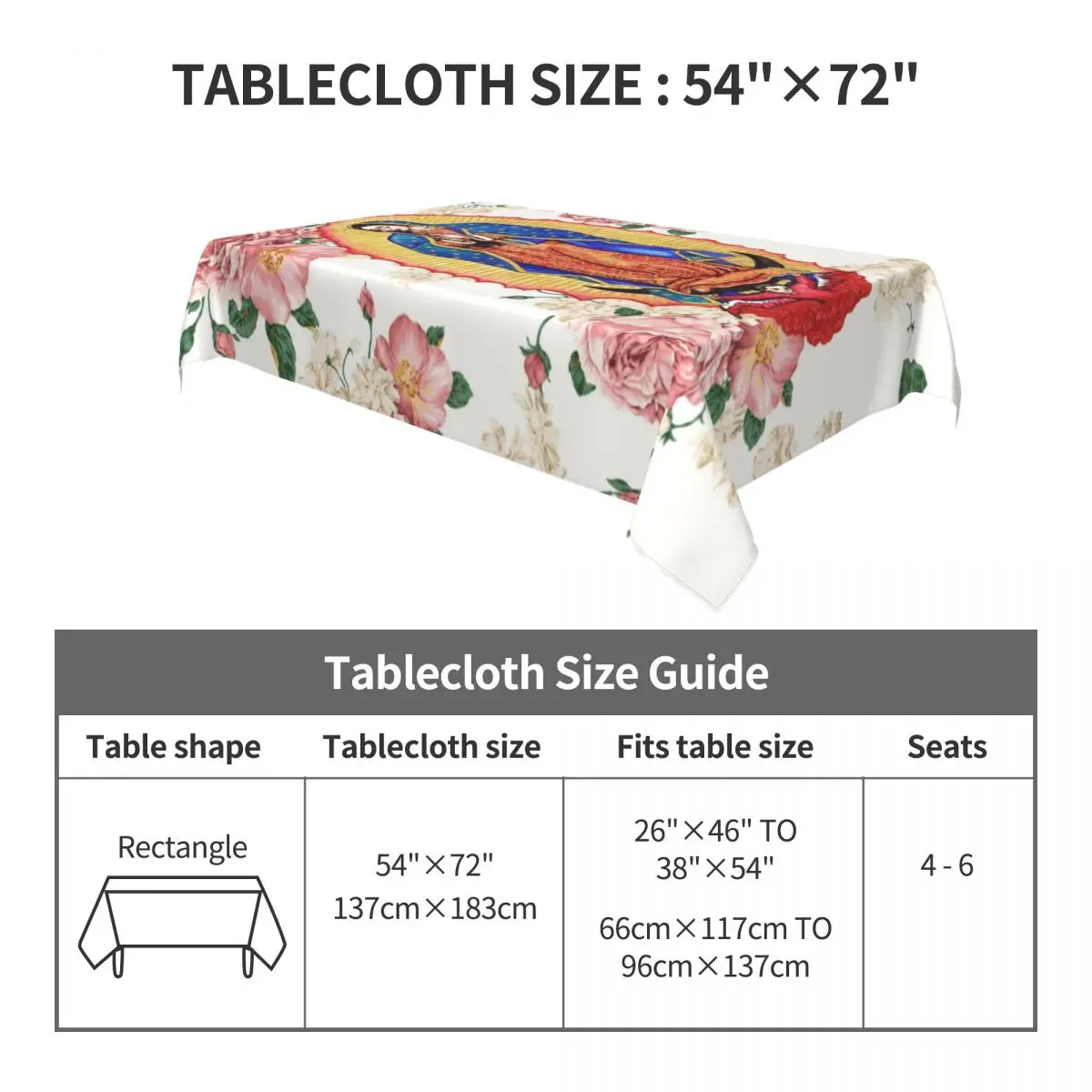 Virgin Of Guadalupe Tablecloth Rectangular Fitted Waterproof Mexico Catholic Virgin Mary Table Cloth Cover for Dining Room