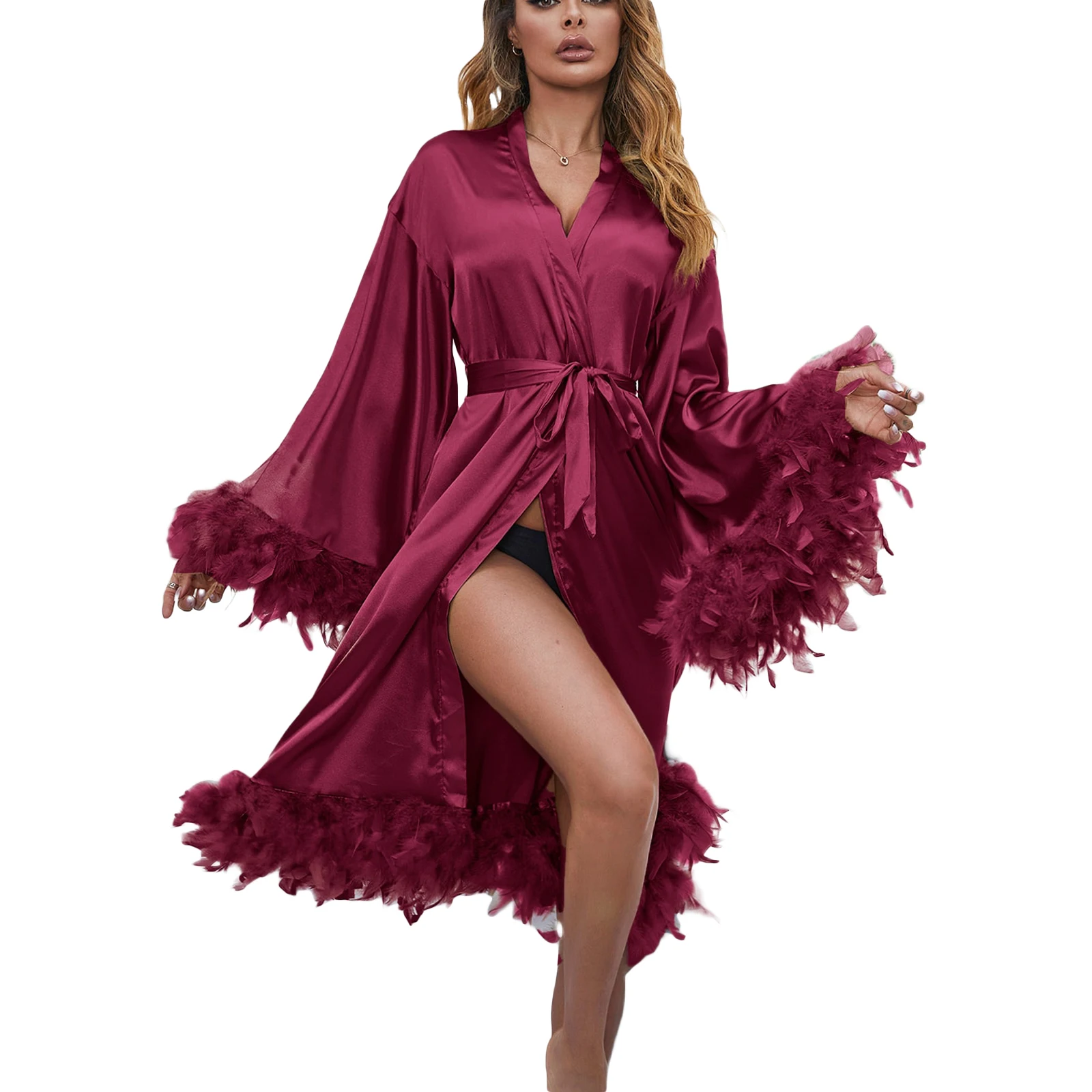 Women s Bathrobe Nightwear Feather Fur Bridal Robe Satin Lingerie Nightgown Wedding Party Bridal Dressing Gown with Belt