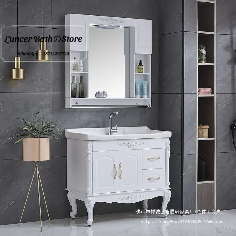 European-style bathroom cabinet set with washbasin, floor-standing toilet, and integrated washbasin for bathroom.