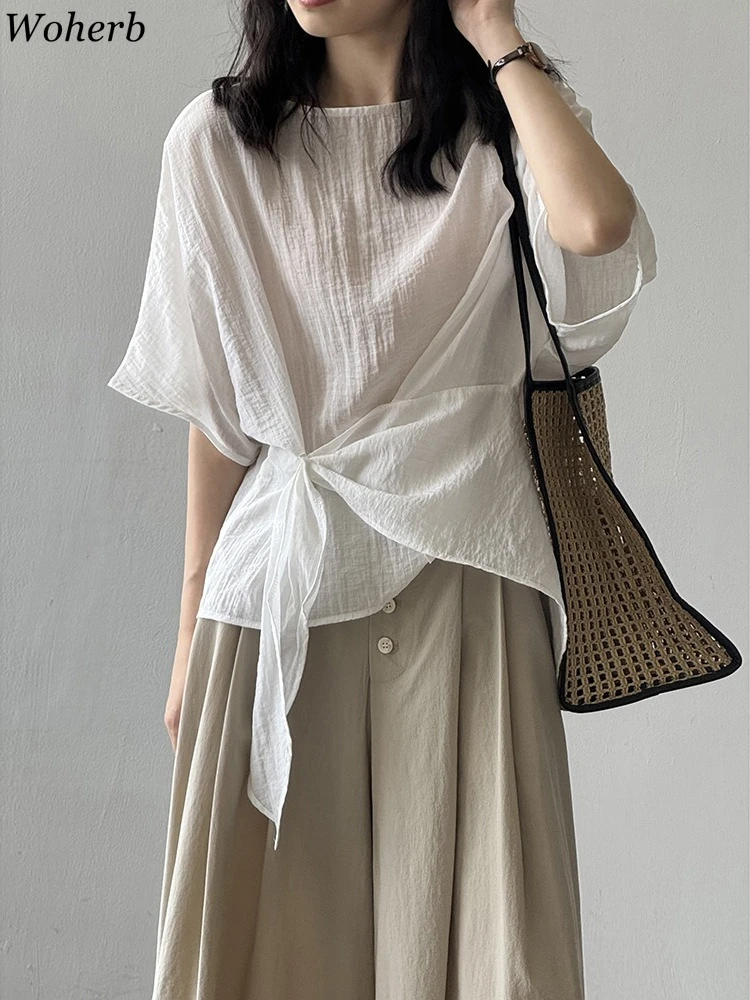 

2025 Camisas De Mujer Summer Solid O Neck Blouses Women's Clothing Short Sleeve Loose Tops Korean Fashion Bandage Elegant Blouse