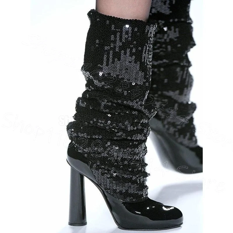 

Black Sequins Design Pointed Toe Patent Leather Boots Slip On Women Shoes Thin High Heels Party Banquet 2025 Zapatos Para Mujere