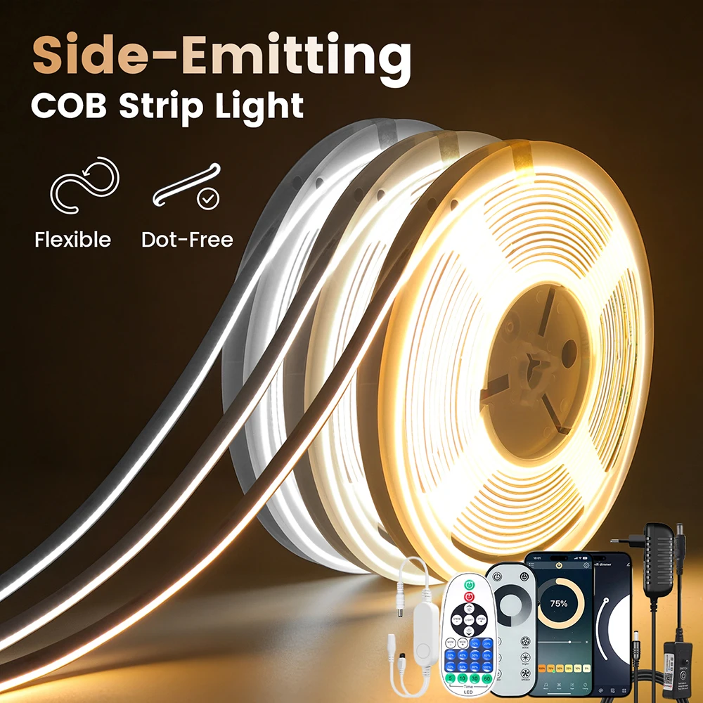 Thin 2mm Side Emitting COB LED Strip Light 24V 480LED WiFi Bluetooth 23 8 Key Touch Remote EU US UK Plug Kit Flex Tape DIY Decor