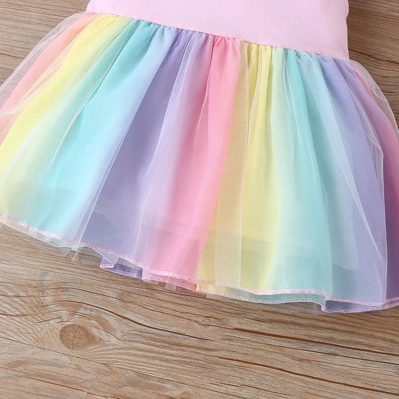 Summer Girls\' Rainbow Dress 0-4Y Cute Children\'s Mesh Patchwork Princess Dress Kid\'s Clothes Baby Flying Sleeve Fluffy Skirt