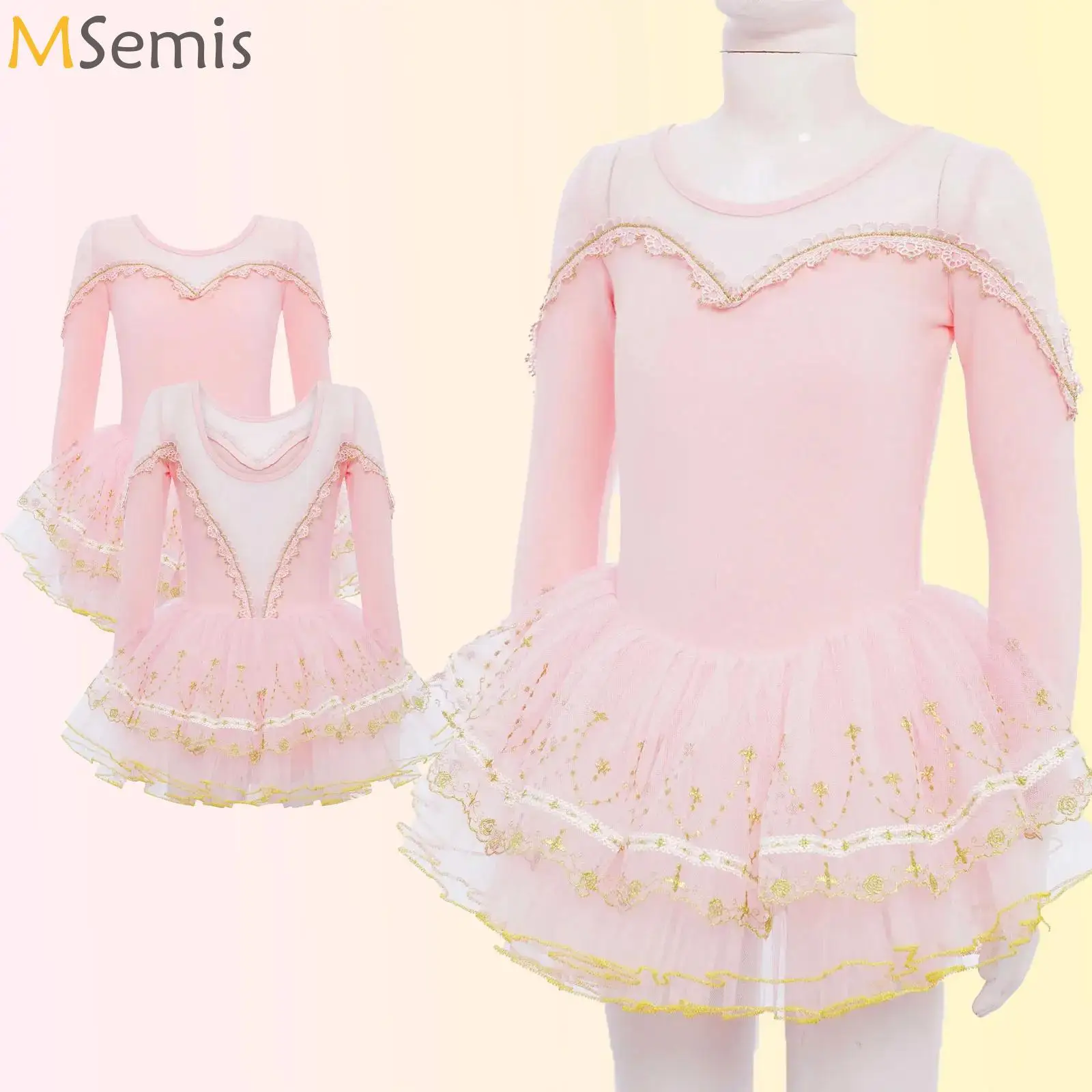 

Kids Girls Elegant Ballet Competition Performance Costume Long Sleeve Sheer Mesh Patchwork Lace Trim Layered Tutu Dance Dress