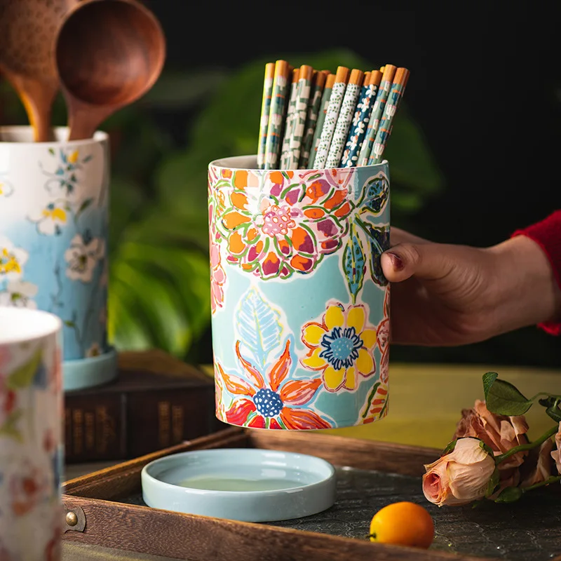 Creative Painted Chopsticks Tube Ceramic Drain Knife Fork and Spoon Storage Jar Home Flower Decoration Jar Kitchen Storage Box