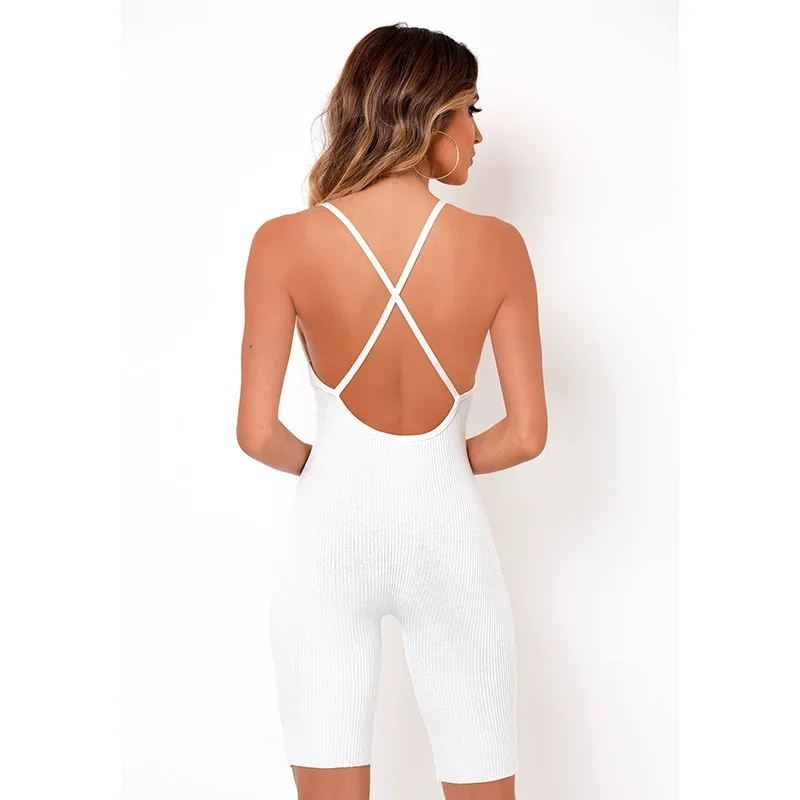 2023 Summer Midi Waist Sport Playsuit Sexy Strap Ribbed Knitted Women Clothing Solid Backless Bodycon Rompers Fitness Jumpsuit