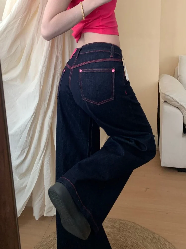 2026 Summer Y2K Style Pink Button Dark Blue Baggy Women's Jeans Pants For Woman Clothing Straight Casual Low Rise Denim Trousers