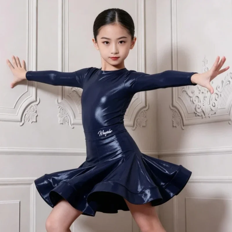 Girls Long Sleeve Latin Dance Dress Kids Autumn Dance Practice Costume Girls Sexy Latin Dance Skirt Dress For Performance Traini